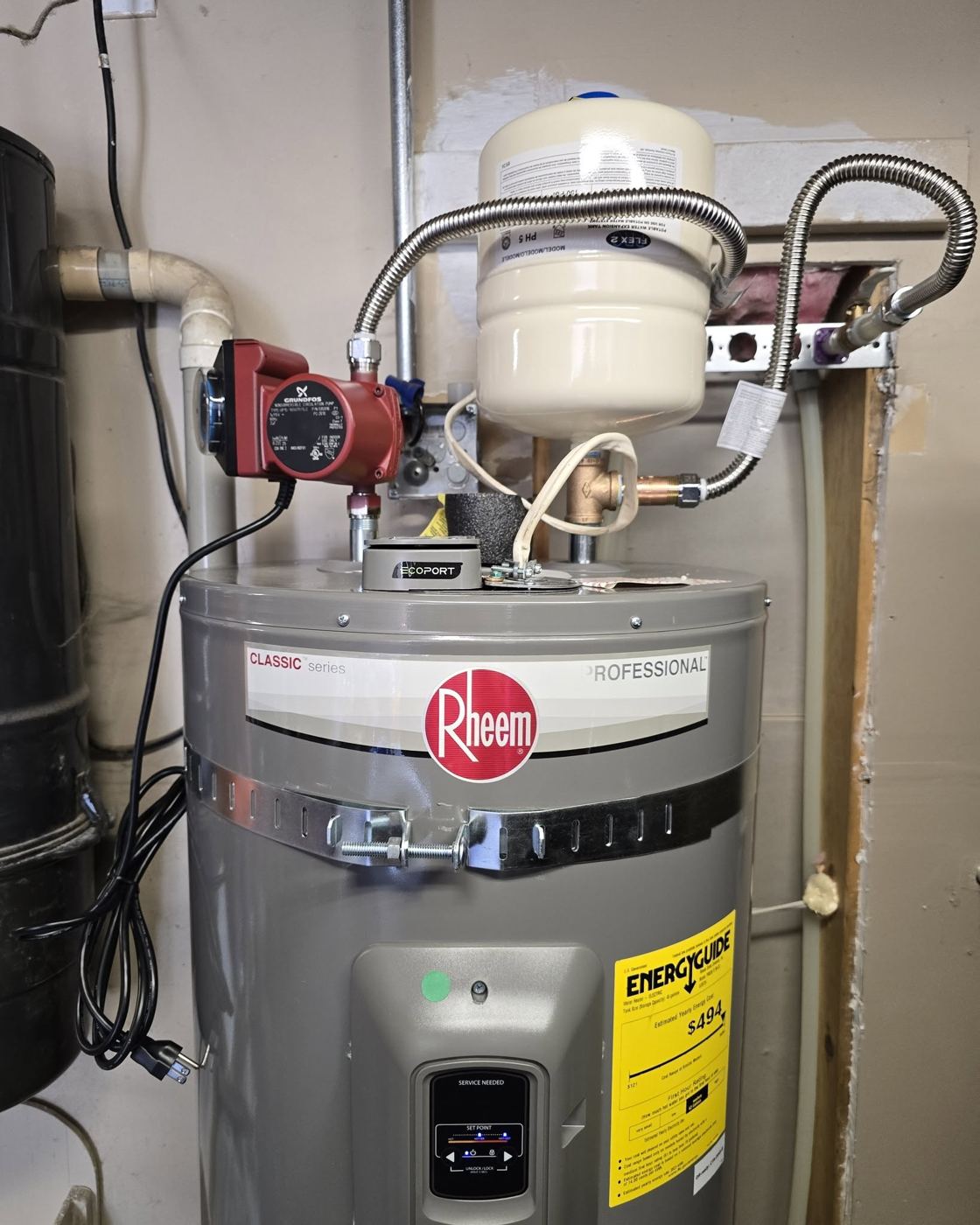 Rheem water heater with Grundfos hot water recirculation